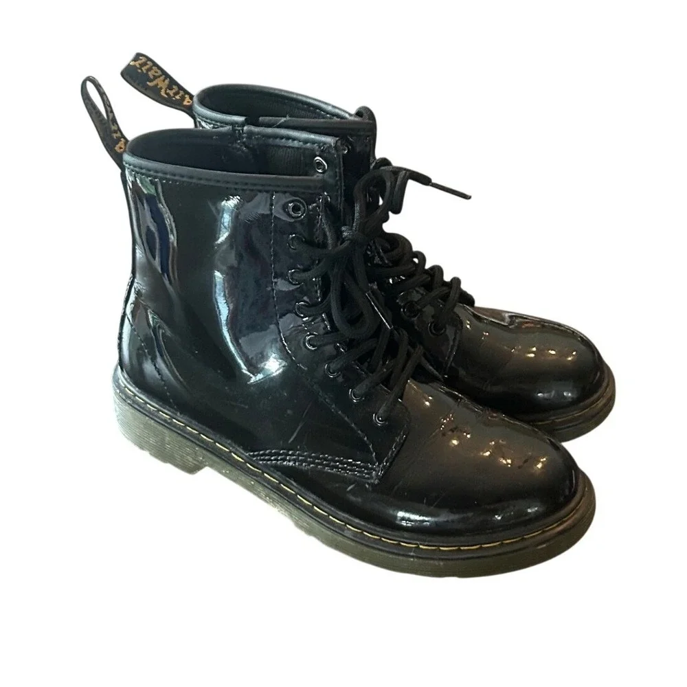 Dr. Martens 1460 J Combat Boots Kids Size 4 Black Patent Leather Side Zip Grunge